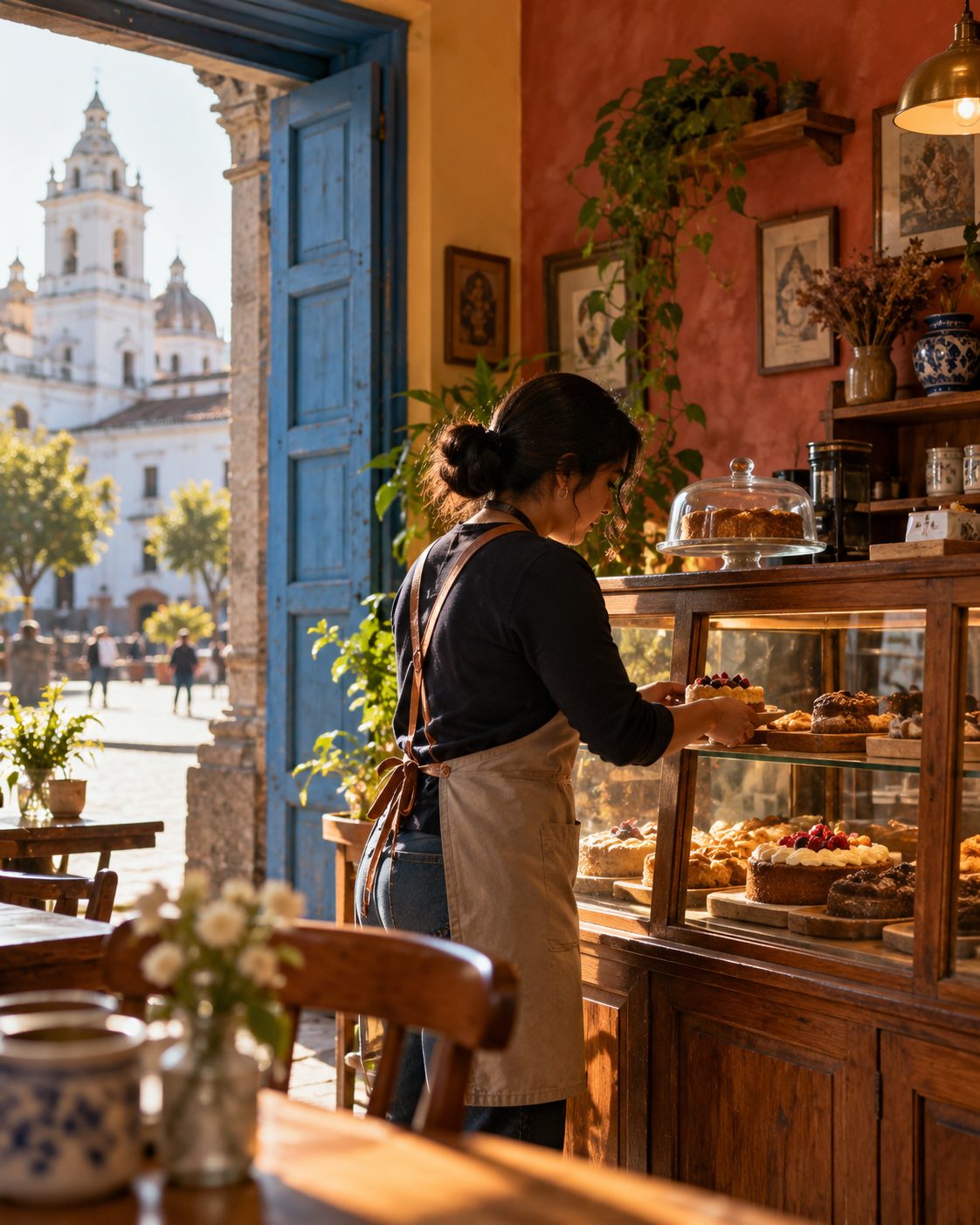 Dueña de una cafetería del centro histórico de Quito acomodando la vitrina