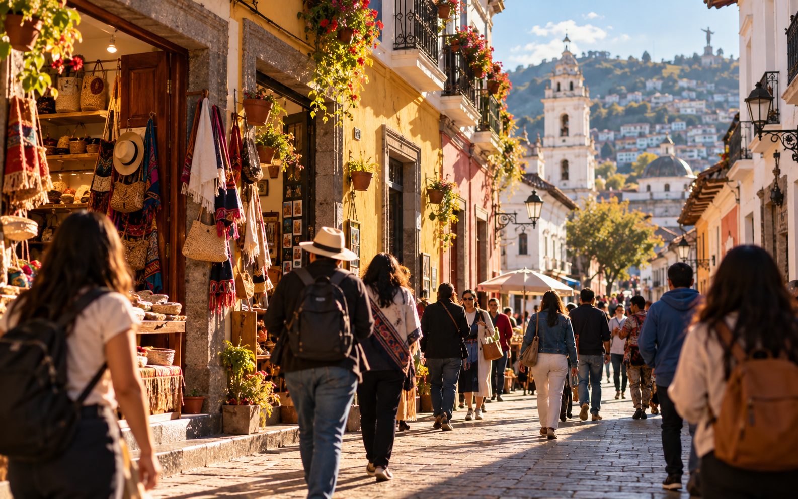 Calle comercial del centro de Quito con gente caminando